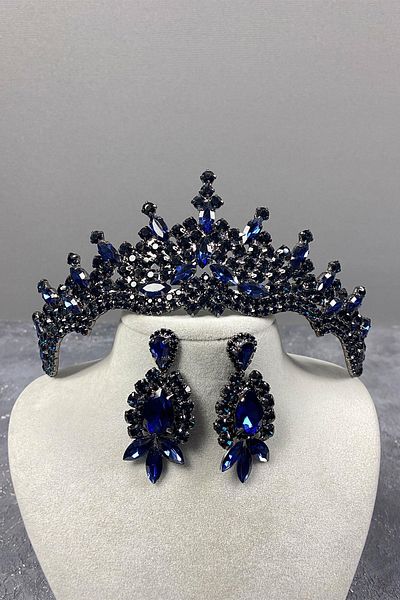 Hobigram Navy Blue Tokyo Stone Bridal Henna Tiara and Shuttle Earrings for the Most Beautiful Brides – Crown, Crystal Stone – Crown
