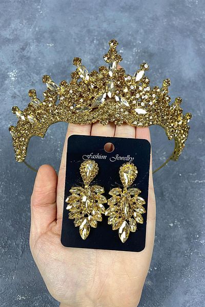 Hobigram Set de coroană și cercei de mireasă cu henna pentru cele mai frumoase mirese, culoarea mierei, Tokyo Stone – Coroană, cu piatră de cristal –