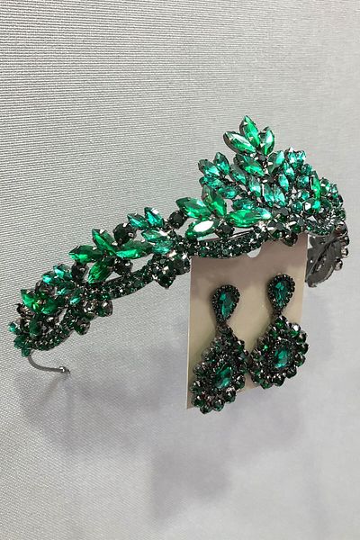Hobigram Set de henna, coroană de mireasă și cercei cu carcasă metalică cu pietre de cristal verde pentru cele mai frumoase mirese – Coroană – Coroană