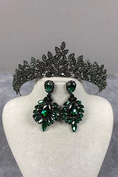 Hobigram Set de coroană și cercei de mireasă cu piatră de mireasă verde Sara pentru cele mai frumoase mirese – coroană, piatră de cristal, modă elegantă