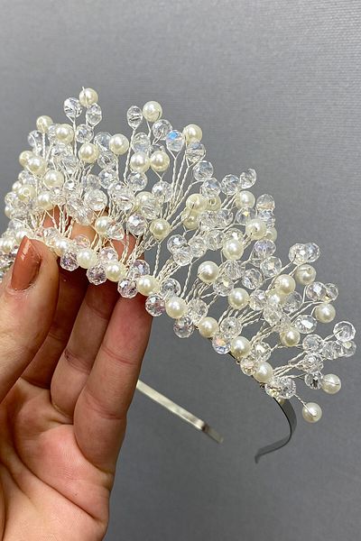 Hobigram Crem Crystal Beaded Aren Bridal și Henna Crown pentru cele mai frumoase mirese – Coroană, Crystal Stone, Model elegant –