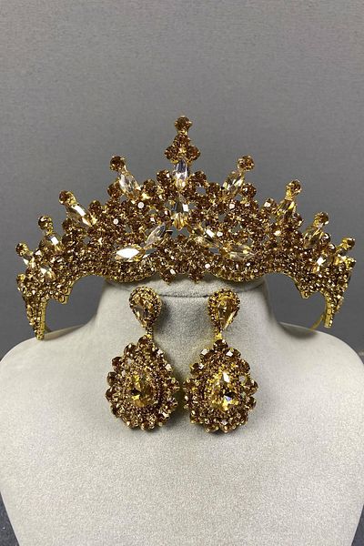 Hobigram Honey Color Tokyo Stone Bridal Henna Tiara and Drop Earring Set for the Most Beautiful Brides – Crown, Crystal Stone –