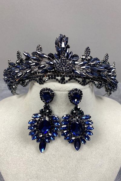 Hobigram Set de coroană și cercei de mireasă Henna cu cristale Lena bleumarin pentru cele mai frumoase mirese – Coroană, cu pietre de cristal –