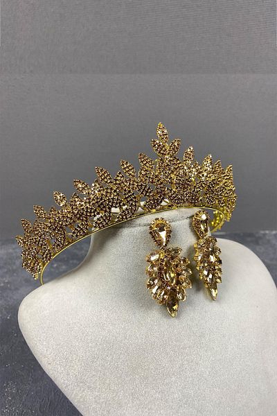 Hobigram Set de cercei și coroană de mireasă cu henna și coroană pentru cele mai frumoase mirese Honey Color Sara Sık Stone – Coroană, Crystal Stone