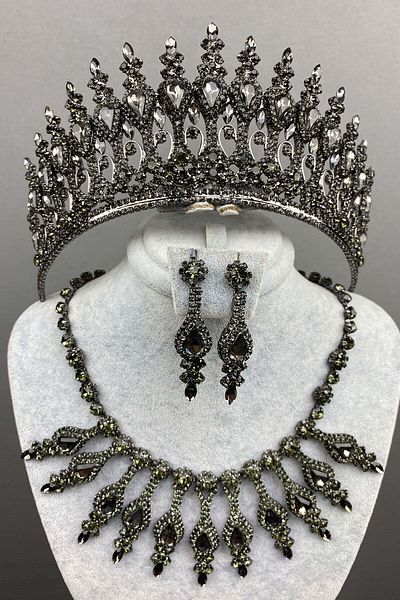 Hobigram مجموعة أقراط على شكل تاج الزفاف بالحناء باللون الرمادي الفحمي للعروس الجميلة - تاج - تاج