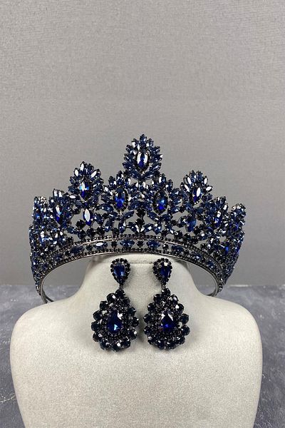 Hobigram To the Most Beautiful Brides Navy Blue Godiva High Bridal Henna Tiara and Drop Stone Earrings – Crown, Crystal Stone