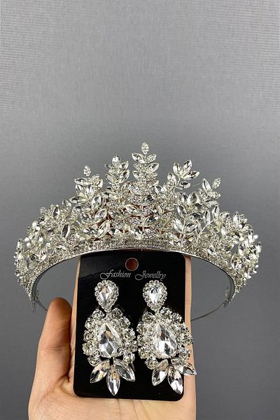Hobigram Ezel de argint pentru cele mai frumoase mirese Set de coroană și cercei cu henna de mireasă 3D cu navetă – Coroană, piatră de cristal –