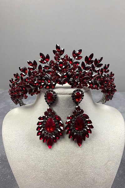 Hobigram Set de coroană și cercei de mireasă cu mărgele Asleny Burgundy pentru cele mai frumoase mirese – Coroană, cu piatră de cristal –