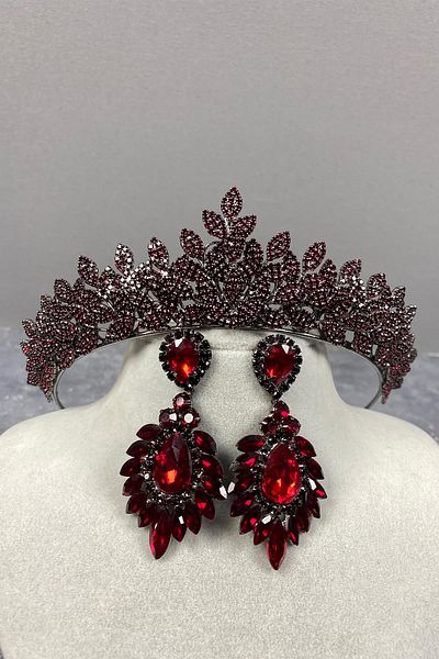 Hobigram Set de coroană și cercei de mireasă cu henna de mireasă cu pietre prețioase roșii pentru cele mai frumoase mirese – coroană, piatră de cristal, modă elegantă