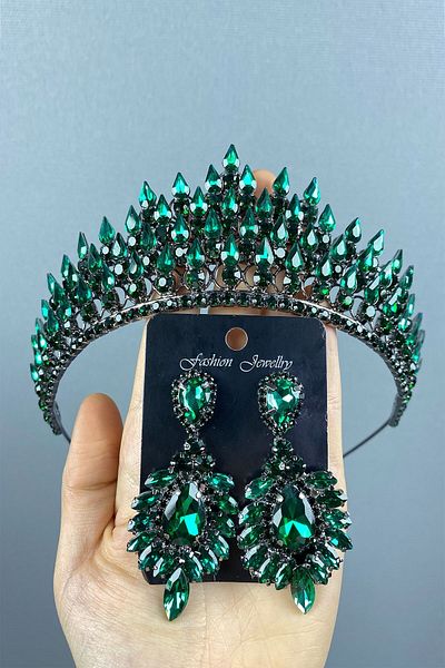 Hobigram Green Drop 3D Bridal Henna Tiara și Cercei Set cu Coroană pentru Cele mai Frumoase Mirese – Coroană, Pietre de Cristal