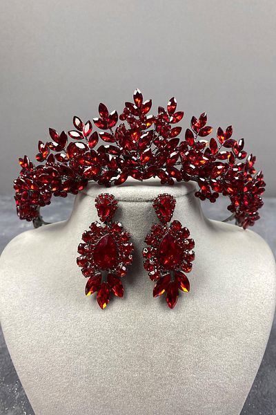Hobigram Set de coroană de mireasă cu henna și cercei cu pietre pentru cele mai frumoase mirese Red Asleny – Coroană – Tiara