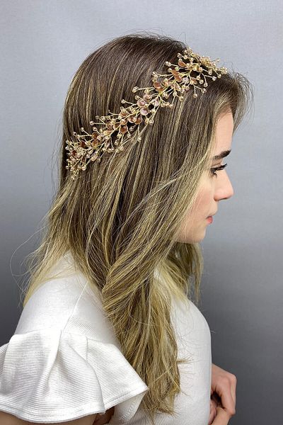 Hobigram Accesoriu de păr cu ramură de primăvară emailată de miere pentru cele mai frumoase mirese – coroană, piatră de cristal, model elegant – coroană