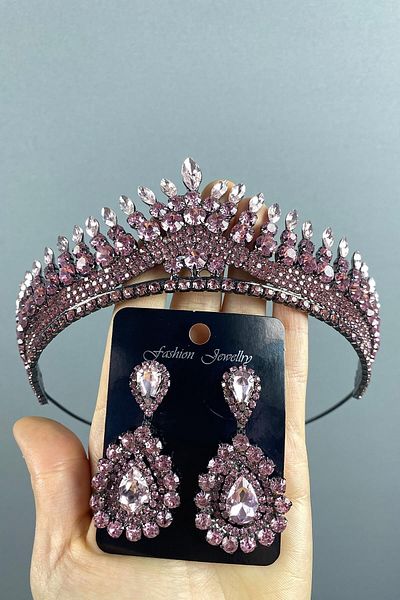 Hobigram Set de coroană și cercei de mireasă cu henna roz Anteras pentru cele mai frumoase mirese – Coroană, piatră de cristal, model elegant – Coroană