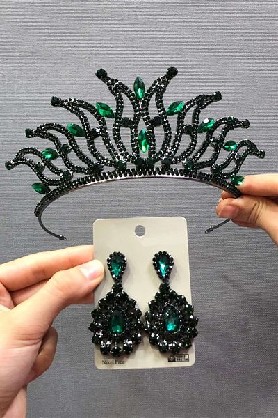 Hobigram Set coroană și cercei cu henna de culoare verde pentru cele mai frumoase mirese – coroană, piatră de cristal, model elegant, coroană de mireasă –