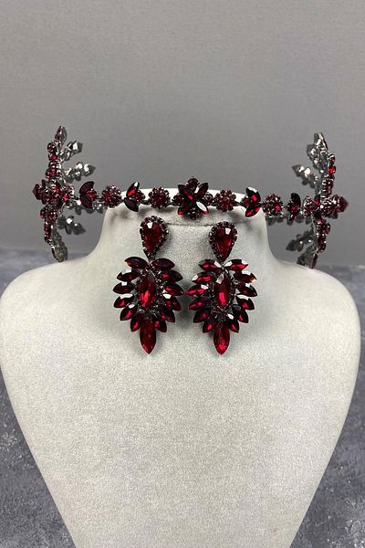 Hobigram Set de coroană și cercei de mireasă cu henna Helenist, bordeaux, pentru cele mai frumoase mirese – coroană, cu piatră de cristal –