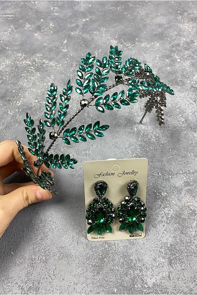 Hobigram Green Dilana Leaf Branch Bridal Hair Accessory and Drop Evening Dress Earrings for the Most Beautiful Brides – Crown – Crown