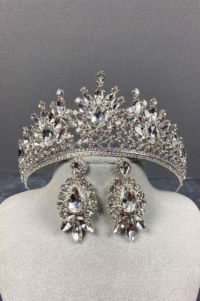 Hobigram Coroană de mireasă Pera din argint sterling și cercei cu pietre pentru cele mai frumoase mirese – Coroană, piatră de cristal, model elegant – Coroană