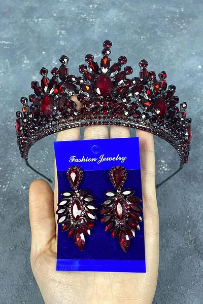 Hobigram Coroana de mireasa Pera Burgundy si cercei cu navetă pentru cele mai frumoase mirese – Coroană, piatră de cristal, model elegant – Coroană