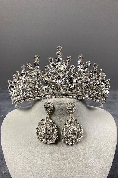 Hobigram Set de coroană de mireasă și cercei de seară cu piatră Rio argintie pentru cele mai frumoase mirese – Coroană, piatră de cristal, model elegant – T
