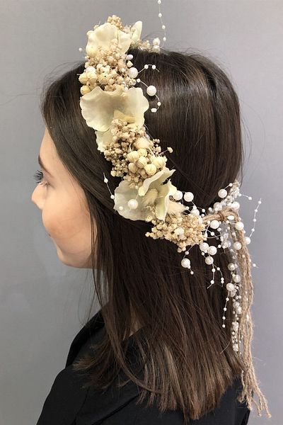 Hobigram Coroană de flori uscate cu chipsuri crem și hortensie pentru cele mai frumoase mirese – Coroană, piatră de cristal, model elegant – Coroană