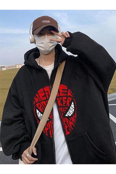 Planet Butik Spider Face Printed Oversize Zippered Black Unisex Hooded Cardigan
