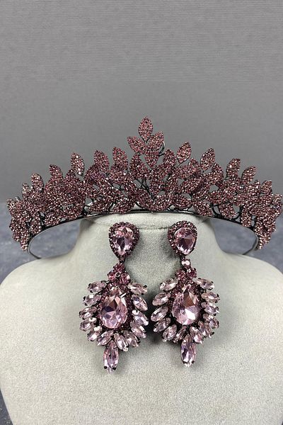 Hobigram Pink Sara Set de coroană și cercei de mireasă Henna cu pietre prețioase pentru cele mai frumoase mirese – Coroană, piatră de cristal, modă elegantă