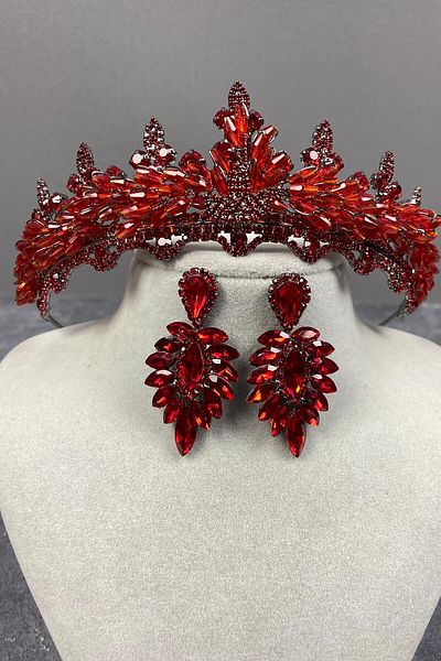 Hobigram Set coroană și cercei de mireasă Henna cu cristale Red Lena pentru cele mai frumoase mirese – Coroană, cu pietre de cristal – Coroană –