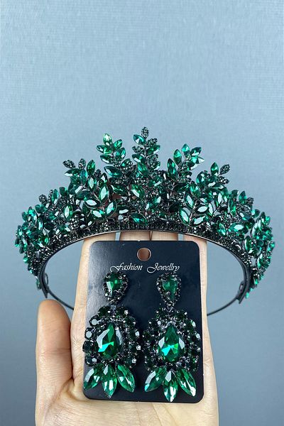 Hobigram Ezel verde pentru cele mai frumoase mirese Set de coroană și cercei cu picătură de henna de mireasă 3D – Coroană – Tiara
