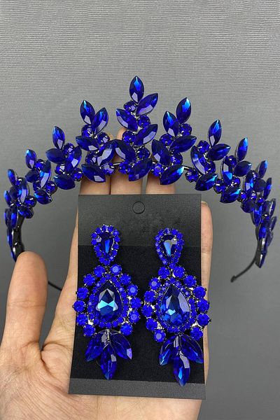 Hobigram Saks Blue Subra Bridal Henna Crown și cercei pentru cele mai frumoase mirese – Coroană, Crystal Stone, Model elegant – Coroană –