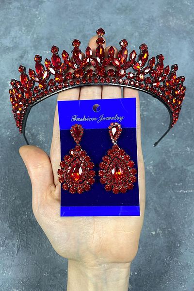 Hobigram Set de coroană și cercei cu henna de mireasă cu piatră Pedro roșie pentru cele mai frumoase mirese – Coroană, piatră de cristal – Ta