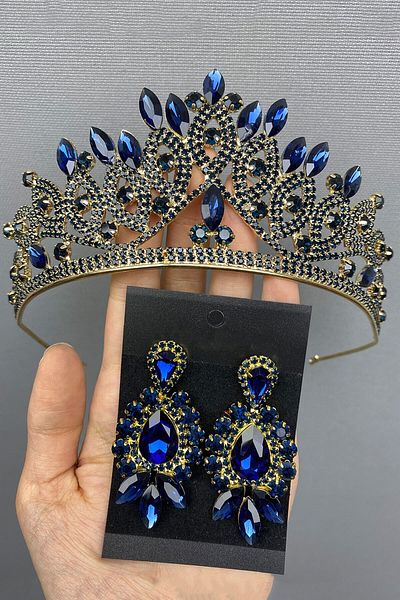 Hobigram Coroană și cercei de mireasă cu henna aurie bleumarin pentru cele mai frumoase mirese – Coroană, piatră de cristal, model elegant – Coroană – T