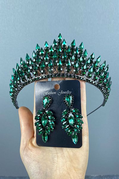 Hobigram Green Drop 3D Bridal Henna Crown și set de cercei cu pietre pentru cele mai frumoase mirese – Coroană, Crystal Stone –
