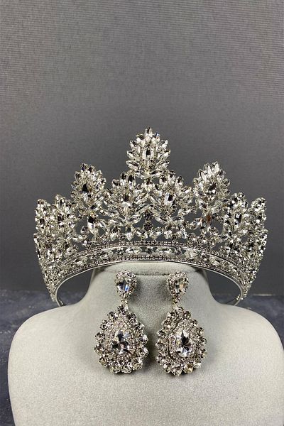Hobigram Coroană de mireasă și cercei cu piatră de picătură Godiva din argint sterling pentru cele mai frumoase mirese – Coroană, piatră de cristal – Coroană –