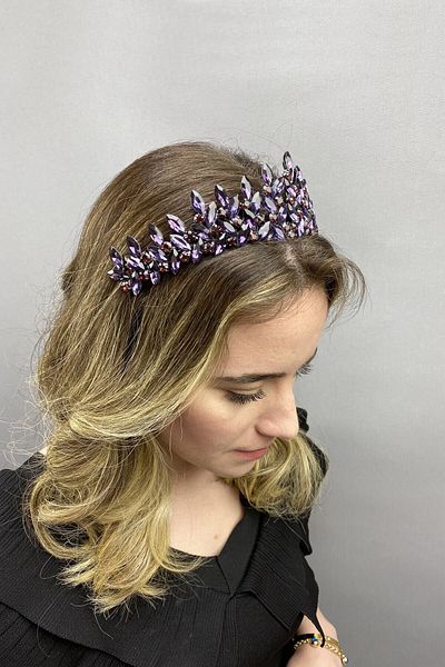 Hobigram Coroana de mireasa Henna model Subra violet inchis pentru cele mai frumoase mirese – Coroana, cu piatra de cristal, model elegant, coroana de mireasa