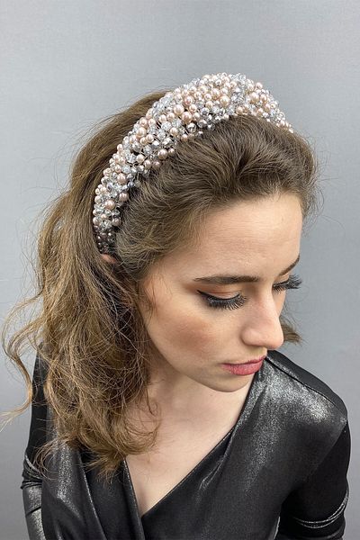 Hobigram Accesoriu de păr de mireasă cu cristal și perle Leal Bombeli de culoare gri pentru cele mai frumoase mirese – coroană, piatră de cristal