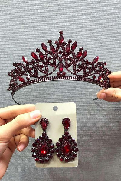 Hobigram Set de coroană și cercei de mireasă cu henna burgundă pentru cele mai frumoase mirese – Coroană, piatră de cristal, model elegant, coroană de mireasă –