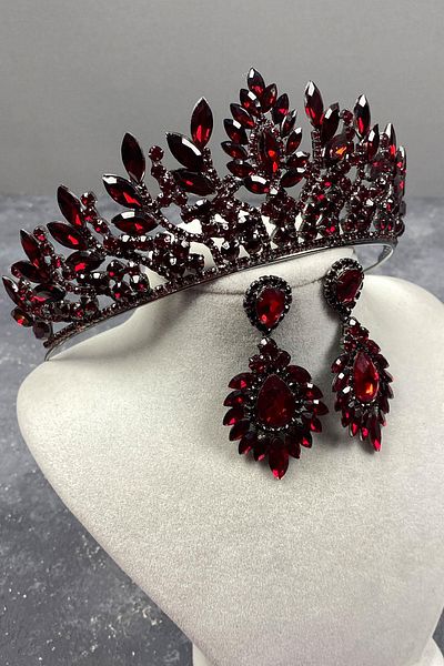 Hobigram Set de coroană și cercei de mireasă Henna Danver Stone Burgundy pentru cele mai frumoase mirese – Coroană, piatră de cristal, model elegant