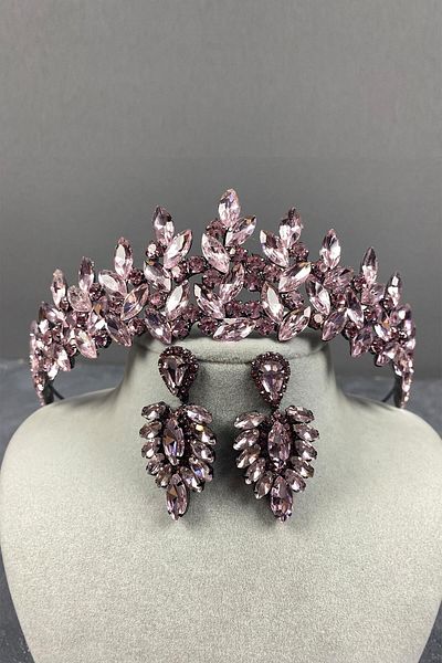 Hobigram Set de coroană și cercei cu henna de mireasă Subra roz pentru cele mai frumoase mirese – coroană, piatră de cristal, model elegant