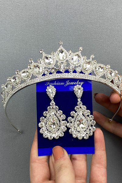 Hobigram Set de coroană de mireasă și cercei cu picătură Ade Model pentru cele mai frumoase mirese – Coroană, piatră de cristal, model elegant – Coroană –