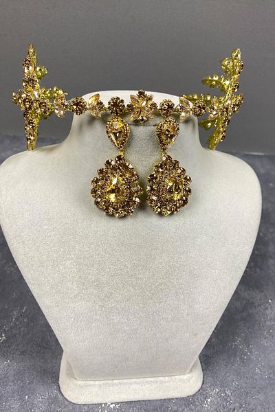 Hobigram Set de coroană și cercei cu henna pentru mireasa Helenist pentru cele mai frumoase mirese – Coroană, piatră de cristal – Coroană