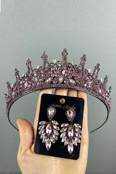 Hobigram Set de coroană și cercei cu henna de mireasă Leonis roz pentru cele mai frumoase mirese – coroană, piatră de cristal, model elegant