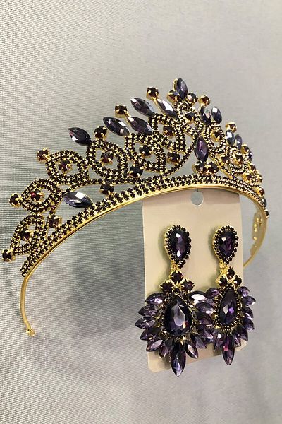 Hobigram Set Coroană și Cercei Henna de culoare aurie cu pietre de sticlă de cristal prune pentru cele mai frumoase mirese – Coroană – Coroană