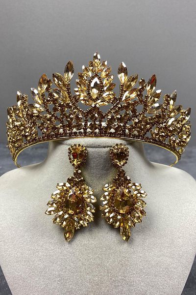 Hobigram Honey Color Danver Stone Bridal Henna Tiara and Earring Set for the Most Beautiful Brides – Crown, Crystal Stone – Crown –