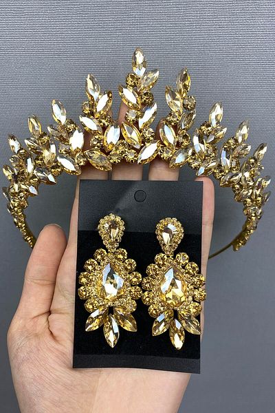 Hobigram Honey Color Subra Bridal Henna Tiara and Earrings for the Most Beautiful Brides – Crown, Crystal Stone, Stylish Model – Crown – t