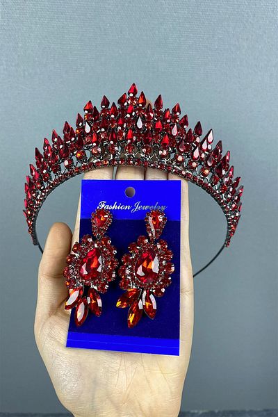 Hobigram Red Drop 3D Mireasa Henna Coroana si Set Cercei Rochie de Seara pentru Cele mai Frumoase Mirese – Coroana, Pietre de Cristal