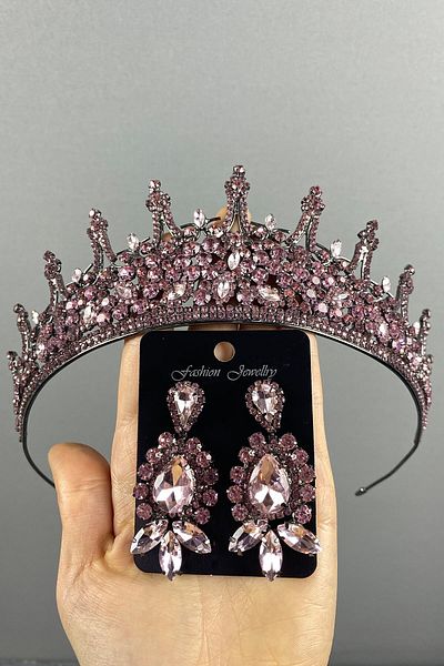 Hobigram Pink Leonis Bridal Henna Crown și Cercei cu piatră pentru cele mai frumoase mirese – Coroană, Crystal Stone – Coroană