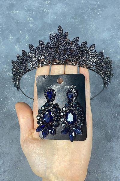 Hobigram Coroană și cercei de mireasă Henna cu pietre prețioase Sara Sık bleumarin pentru cele mai frumoase mirese – Coroană, piatră de cristal, modă elegantă