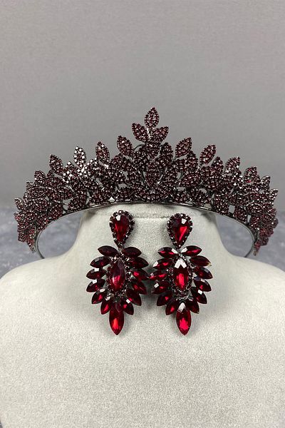 Hobigram Set de coroană și cercei cu henna de mireasă cu pietre prețioase roșii pentru cele mai frumoase mirese – coroană, cu pietre de cristal – T