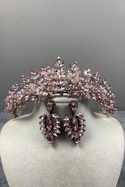 Hobigram Pink Asleny Bead Embroidered Bridal Henna Tiara and Shuttle Earring Set for the Most Beautiful Brides – Crown – Crown