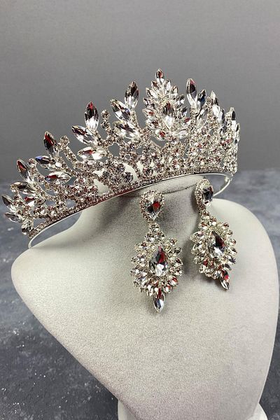 Hobigram Set de coroană și cercei de mireasă cu pietre prețioase Danver argintie pentru cele mai frumoase mirese – Coroană, piatră de cristal, model elegant – Coroană